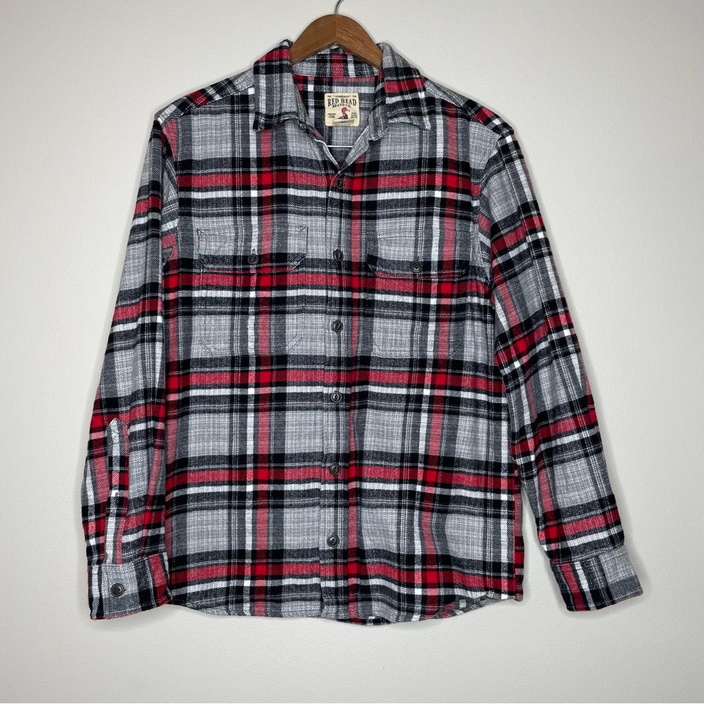 RedHead Black, Gray, Red 100% Cotton Flannel Plaid Button Down Shirt